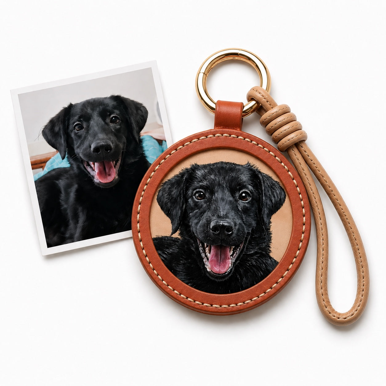 Product image of an embossed leather pet keychain with a custom dog or cat portrait.
