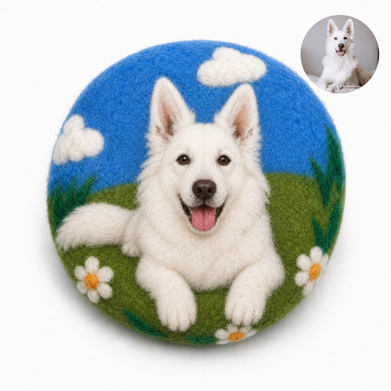 Product image of a wool felt pet portrait magnet made from a dog or cat photo.