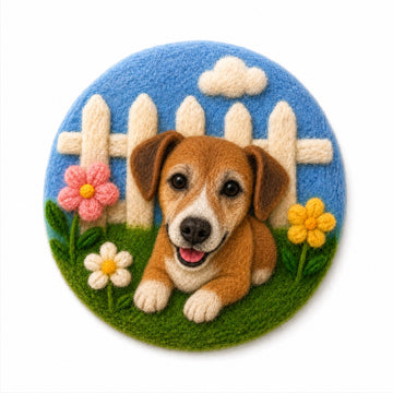 Product image of a wool felt pet portrait magnet made from a dog or cat photo.