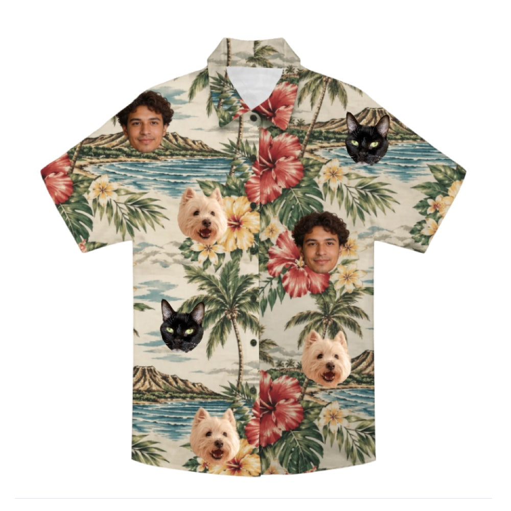 Product image of a custom pet face Hawaiian shirt made from a dog or cat photo.