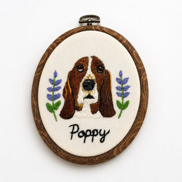 Product image of a round custom pet portrait embroidery frame for dog or cat wall art.