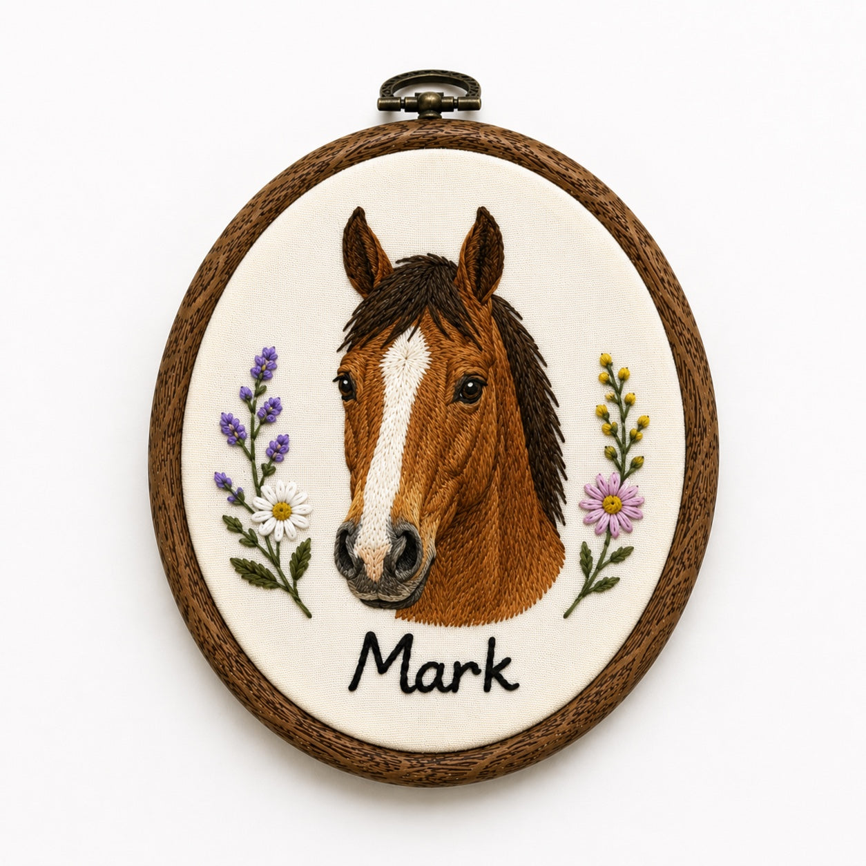 Product image of a round custom pet portrait embroidery frame for dog or cat wall art.