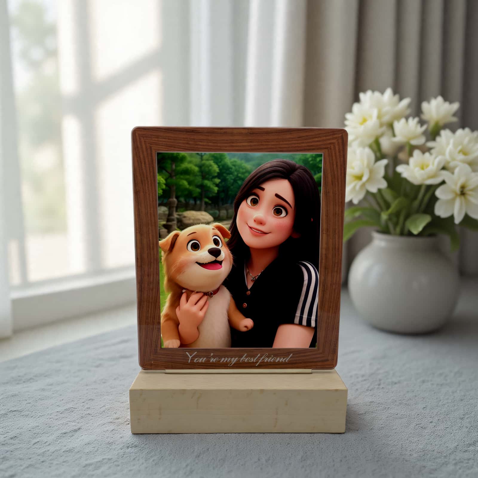 Product image of a personalized pet photo lamp with a custom acrylic LED frame.