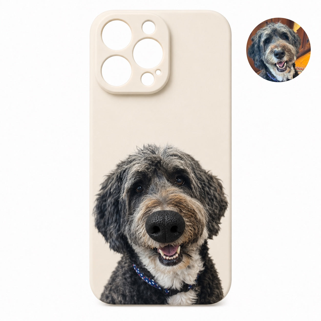 Product image of a custom dog phone case with a 3D silicone nose and pet portrait.