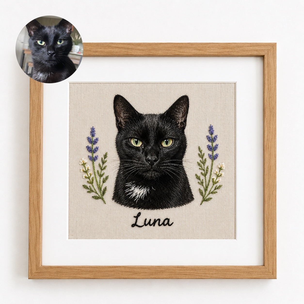 Product image of a square custom pet embroidery frame with a personalized pet portrait and name.