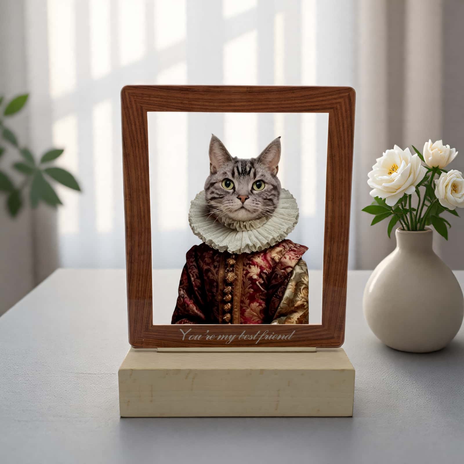 Product image of a personalized pet photo lamp with a custom acrylic LED frame.