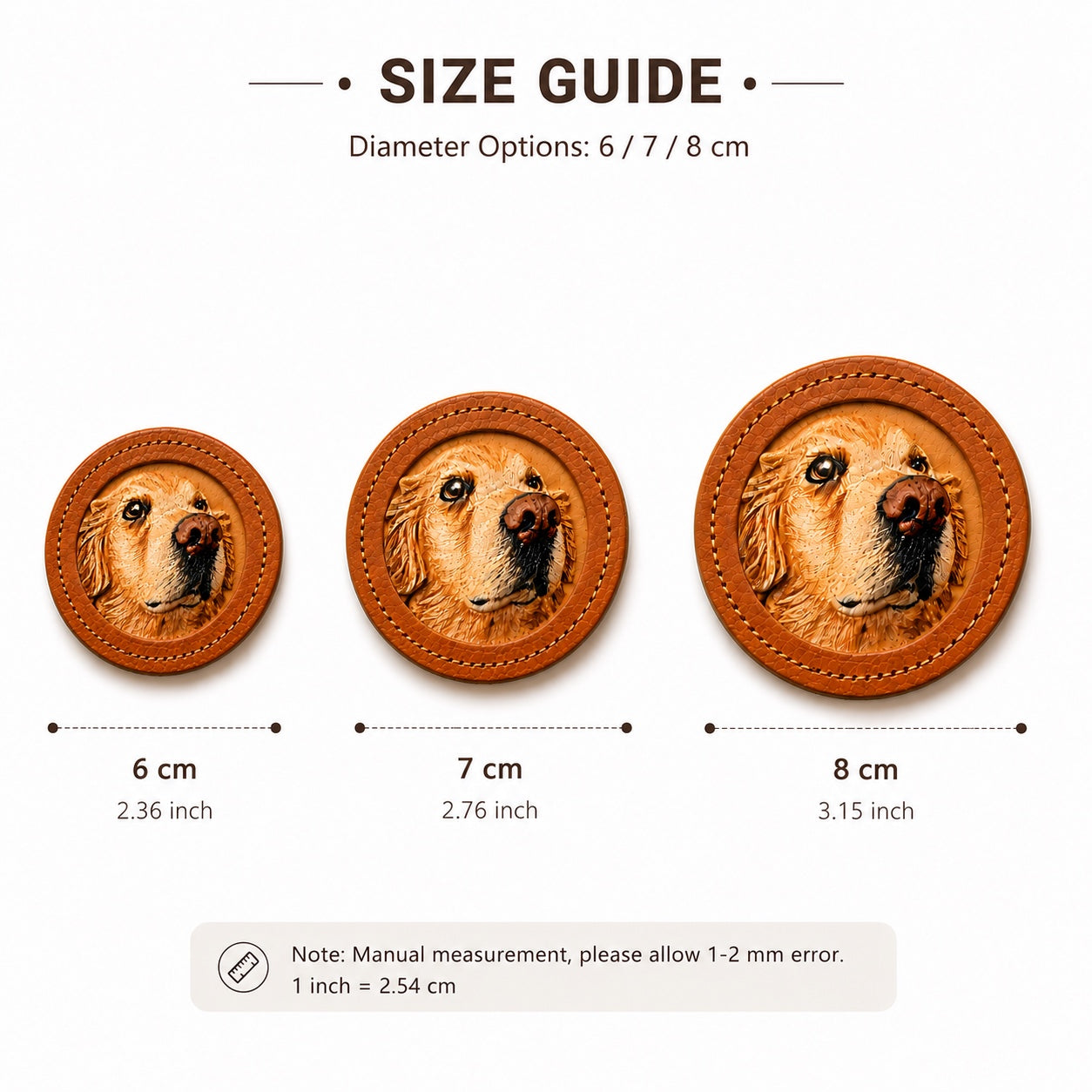 Product image of an embossed leather pet keychain with a custom dog or cat portrait.