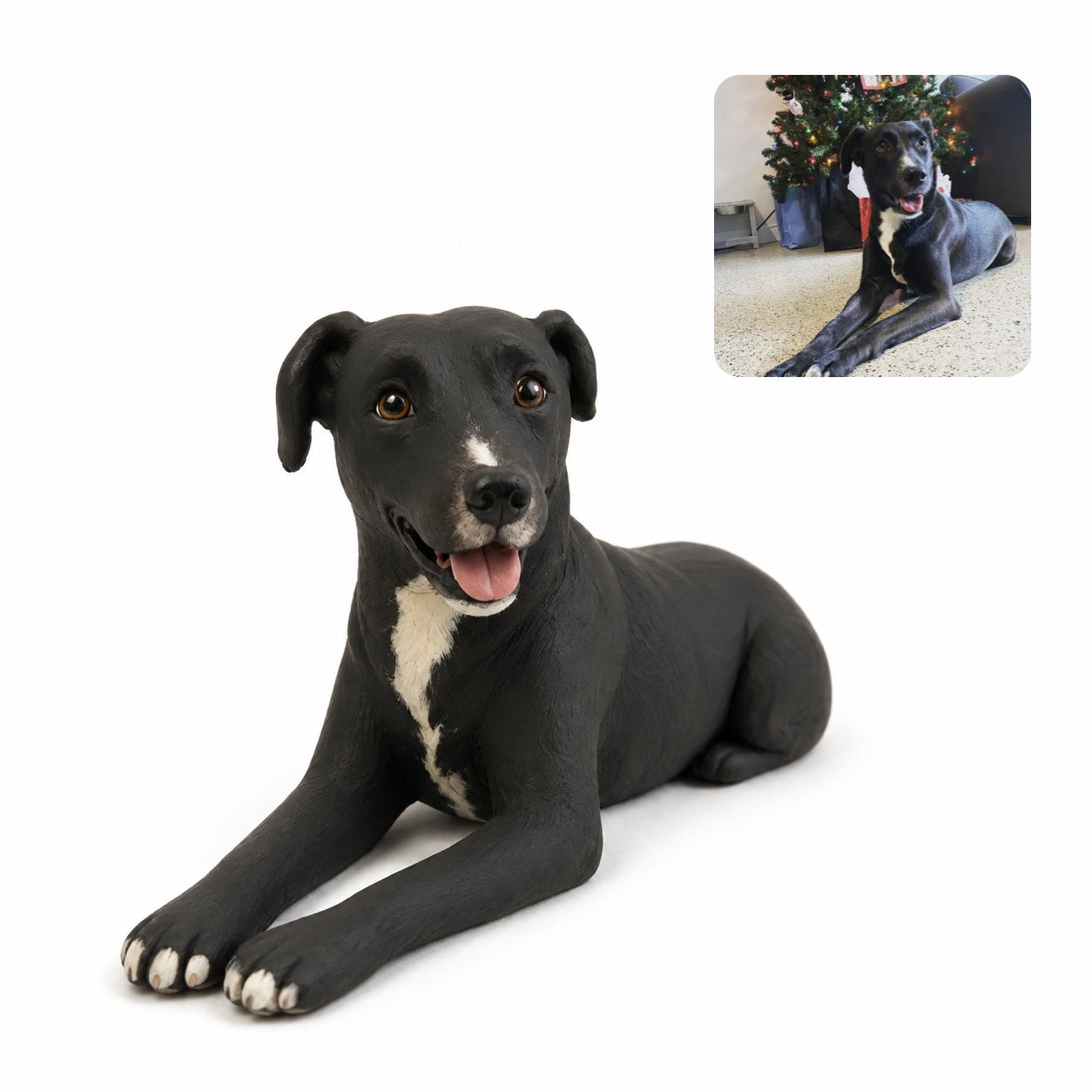 Product image of a handmade polymer clay pet sculpture with a custom 3D dog or cat figurine.