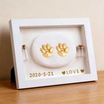 Product image of a personalized pet paw print frame for a dog's or cat's remembrance display.