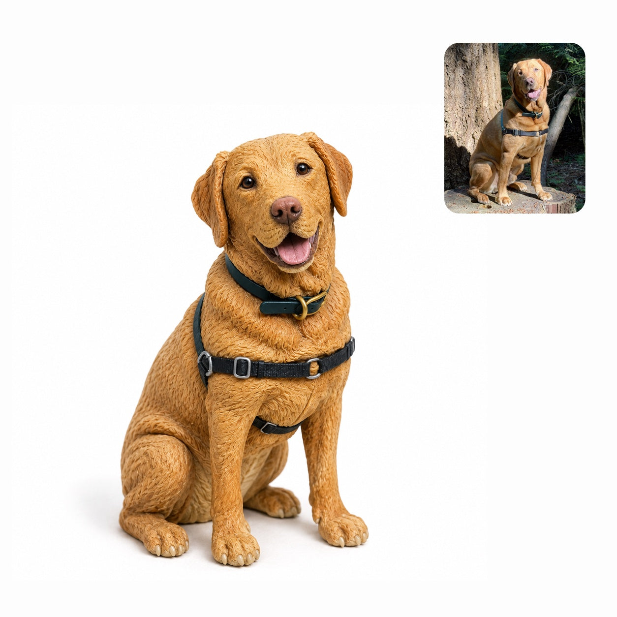 Product image of a handmade polymer clay pet sculpture with a custom 3D dog or cat figurine.