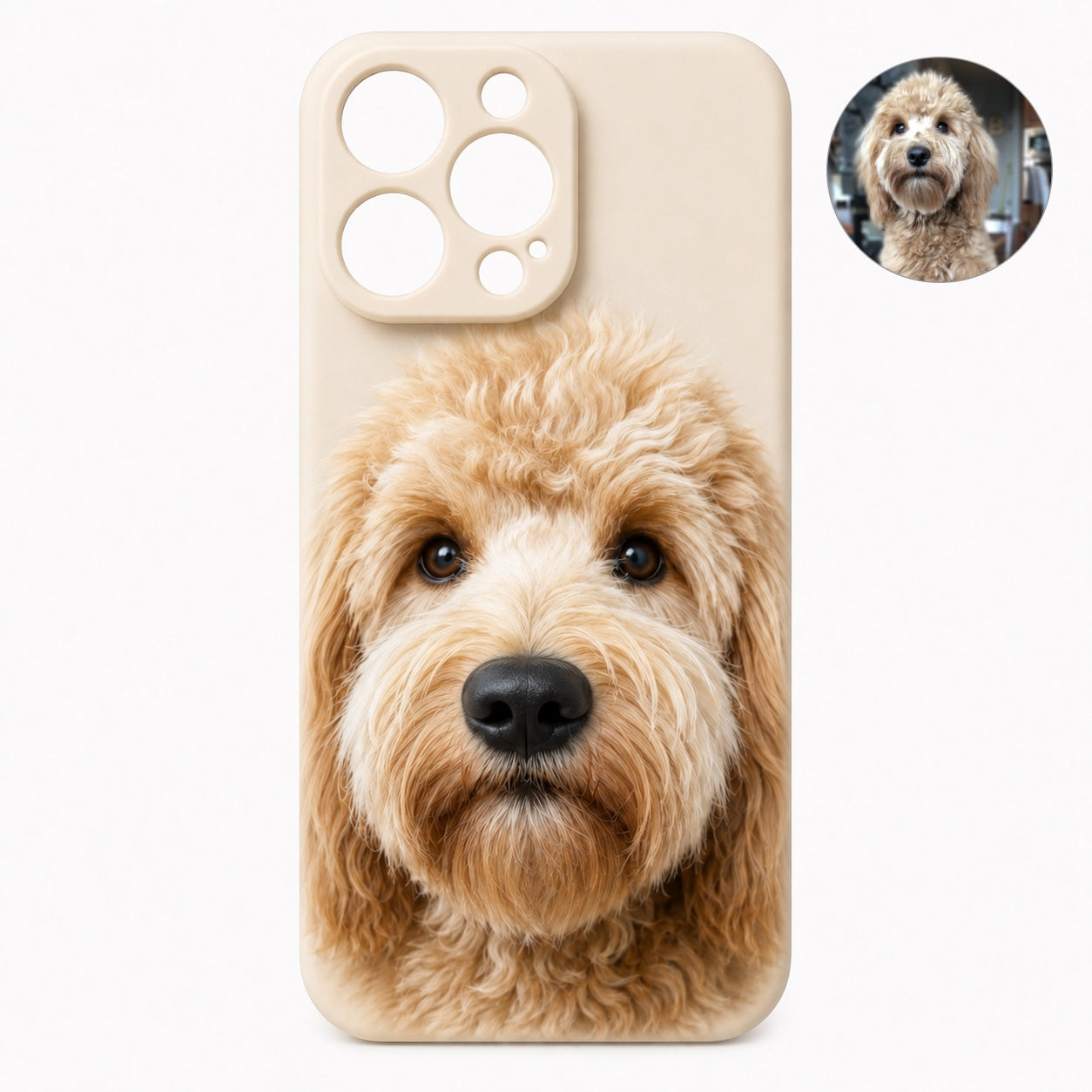 Product image of a custom dog phone case with a 3D silicone nose and pet portrait.