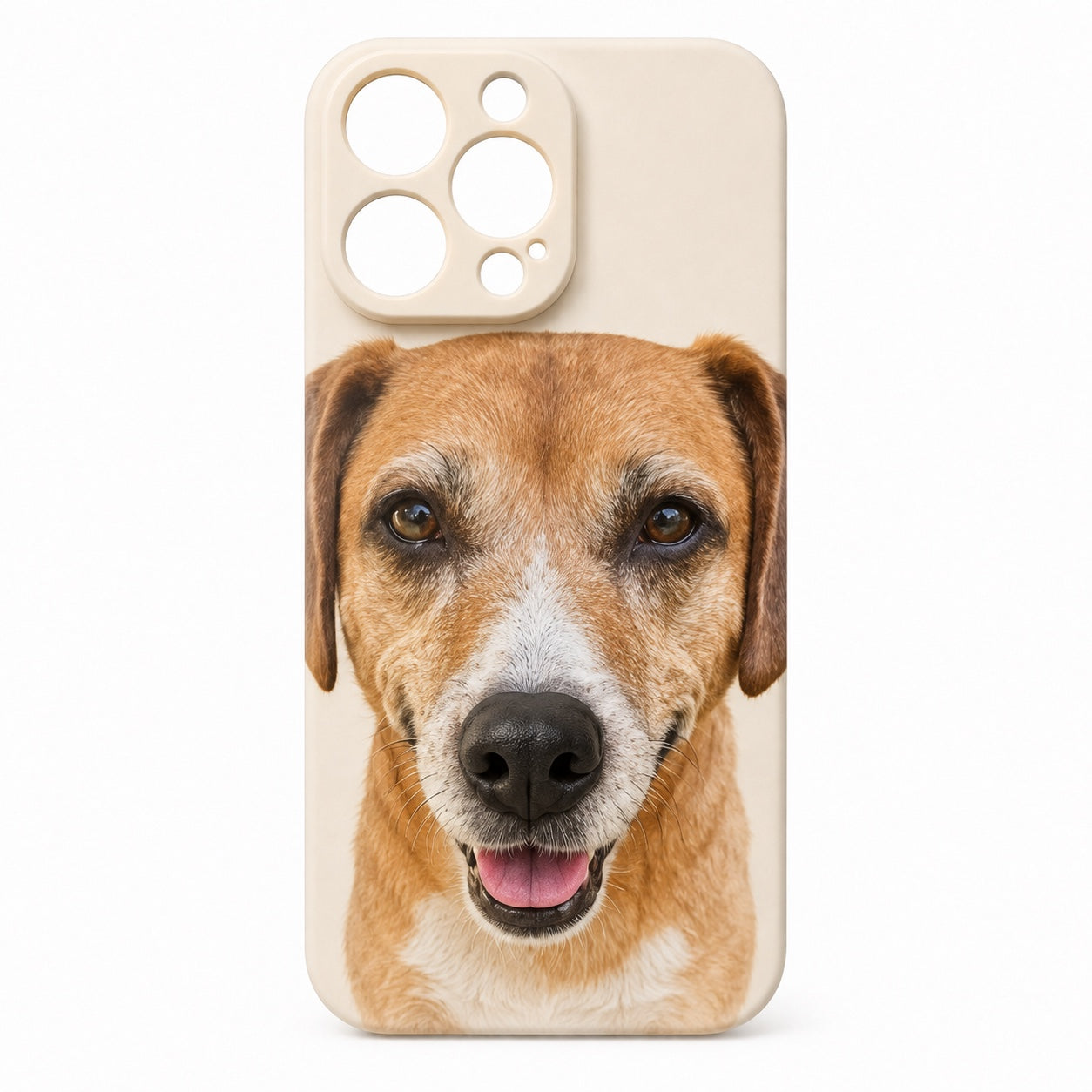 Product image of a custom dog phone case with a 3D silicone nose and pet portrait.