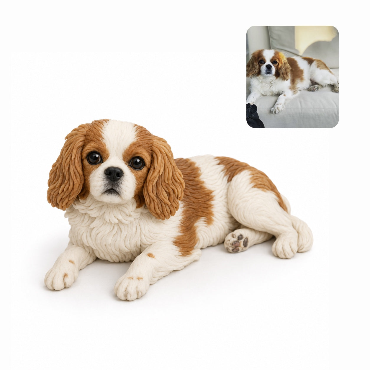 Product image of a handmade polymer clay pet sculpture with a custom 3D dog or cat figurine.