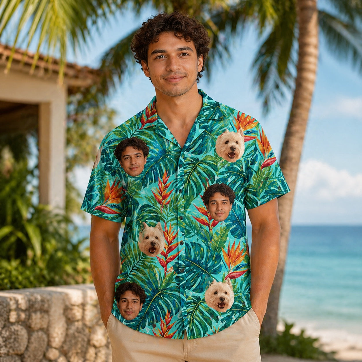 Product image of a custom pet face Hawaiian shirt made from a dog or cat photo.