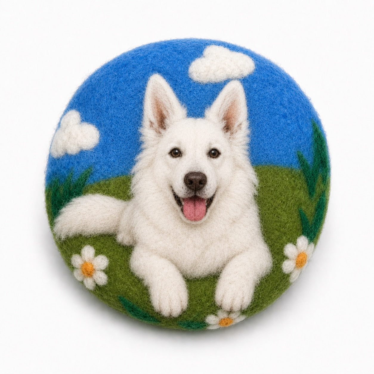 Product image of a wool felt pet portrait magnet made from a dog or cat photo.