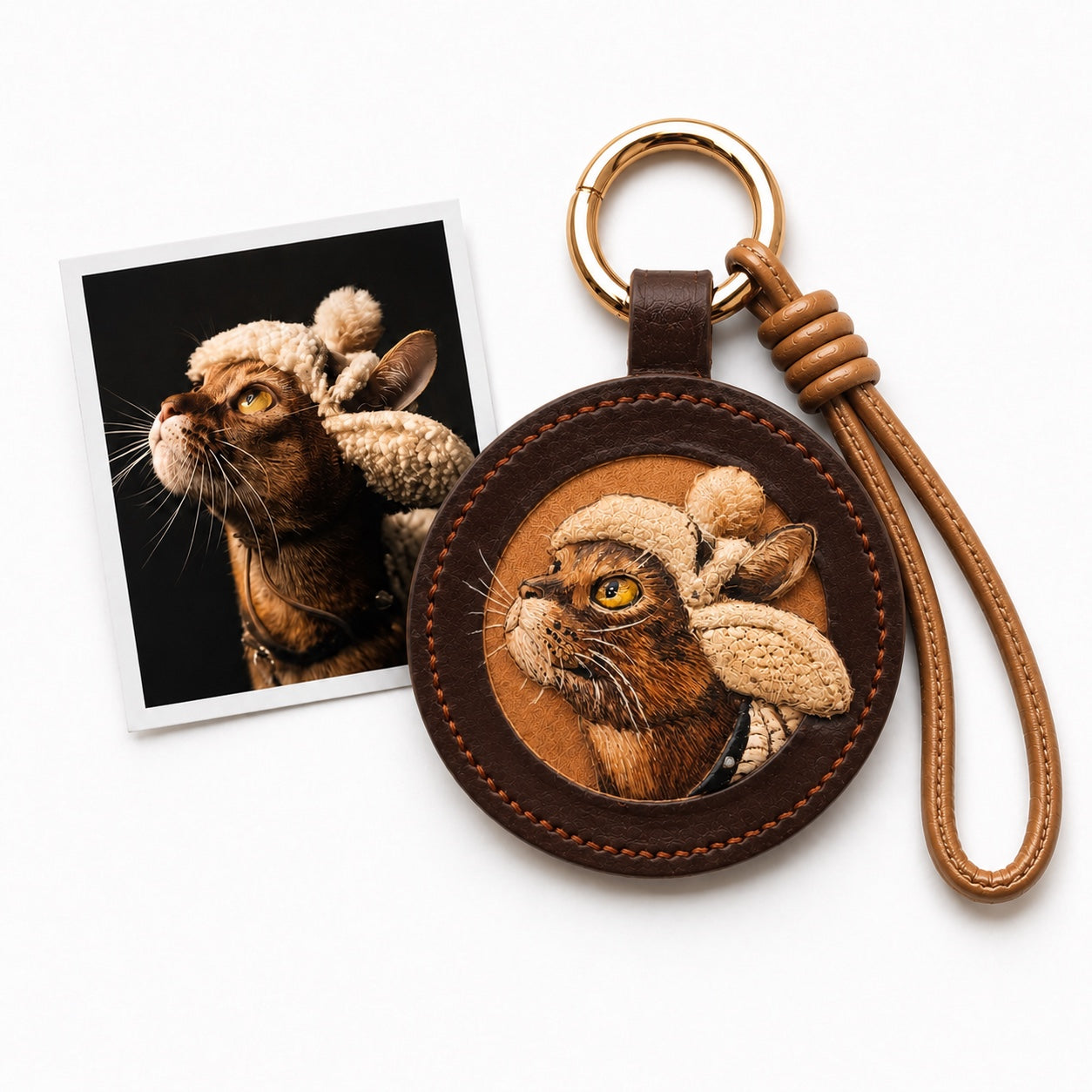 Product image of an embossed leather pet keychain with a custom dog or cat portrait.