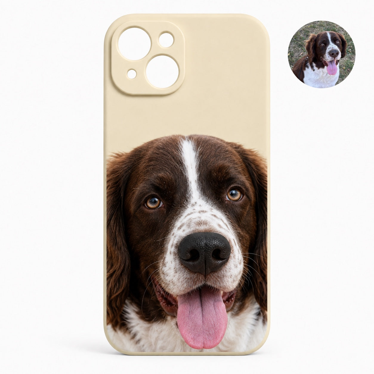 Product image of a custom dog phone case with a 3D silicone nose and pet portrait.