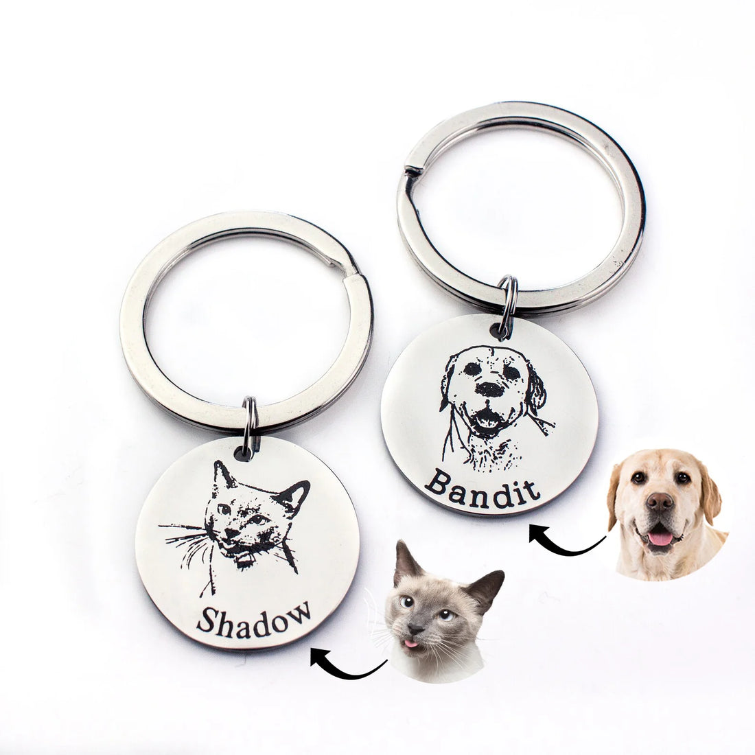 Engraved pet photo keychain in gold-tone stainless steel with a dog portrait and the name Archie.
