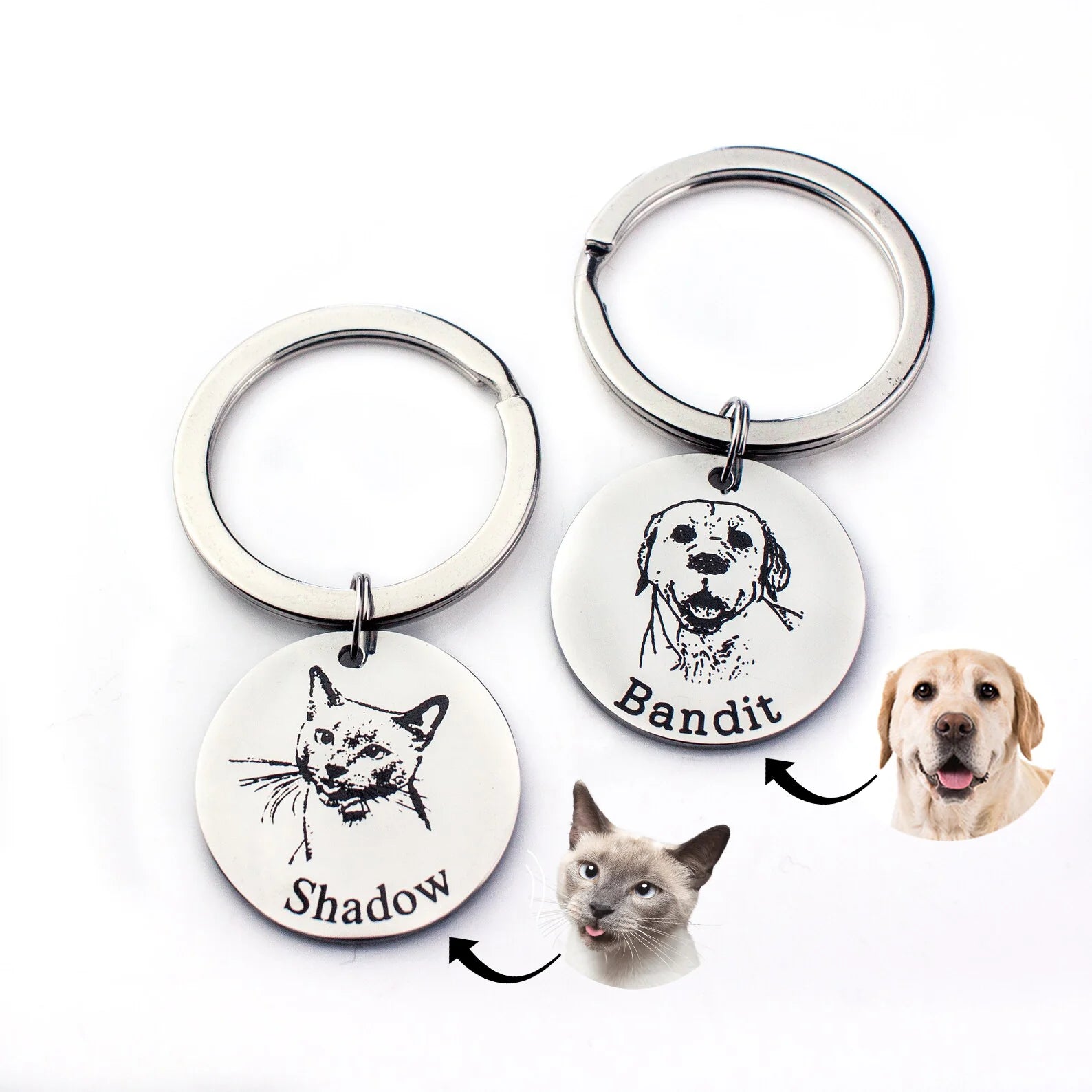 Engraved pet photo keychain showing silver-tone dog and cat portrait tags with personalized names.