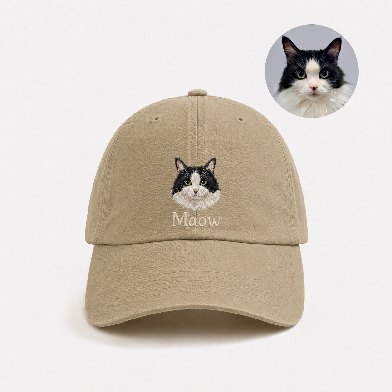 Product image of a custom pet portrait embroidered cap with your dog or cat's face and name.