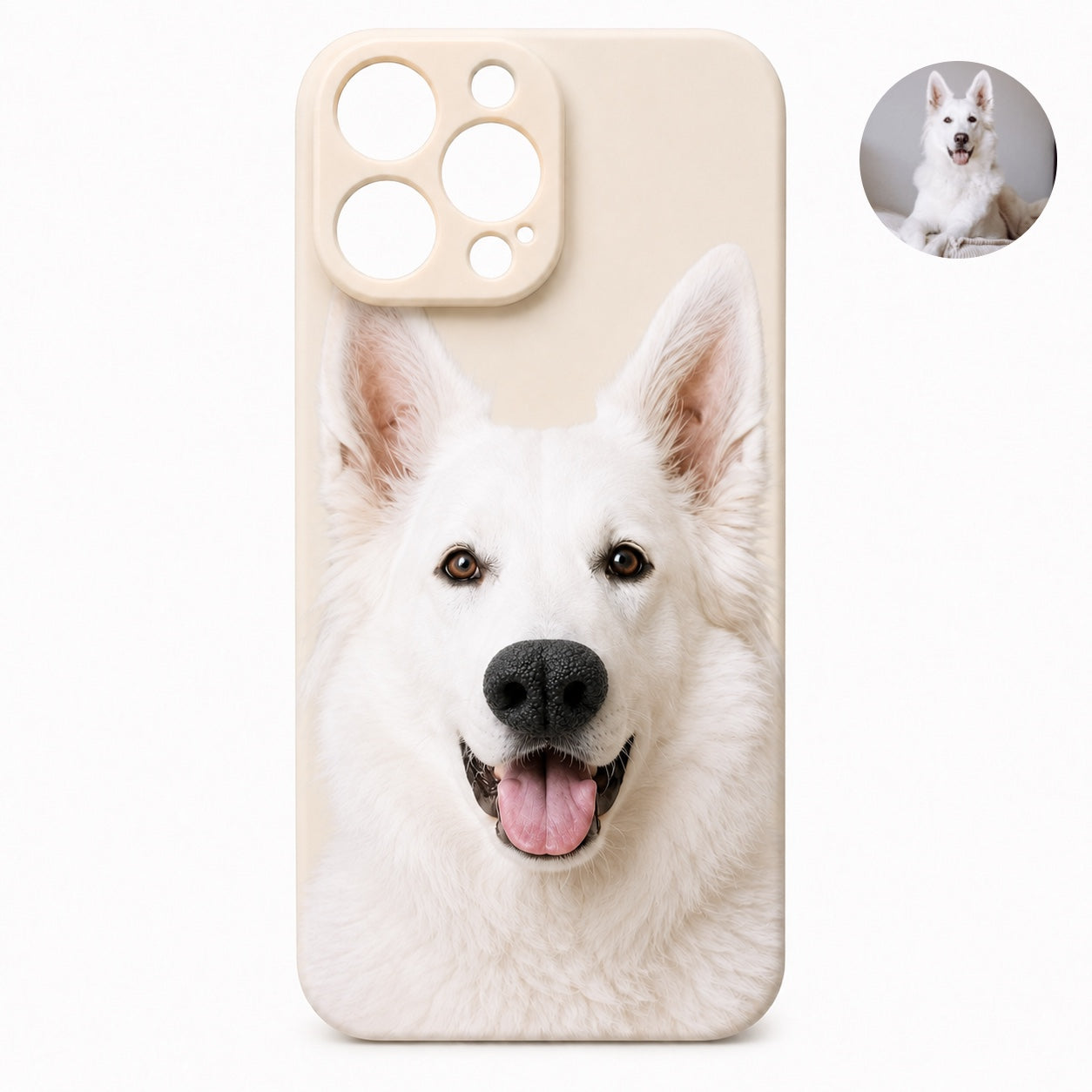 Product image of a custom dog phone case with a 3D silicone nose and pet portrait.