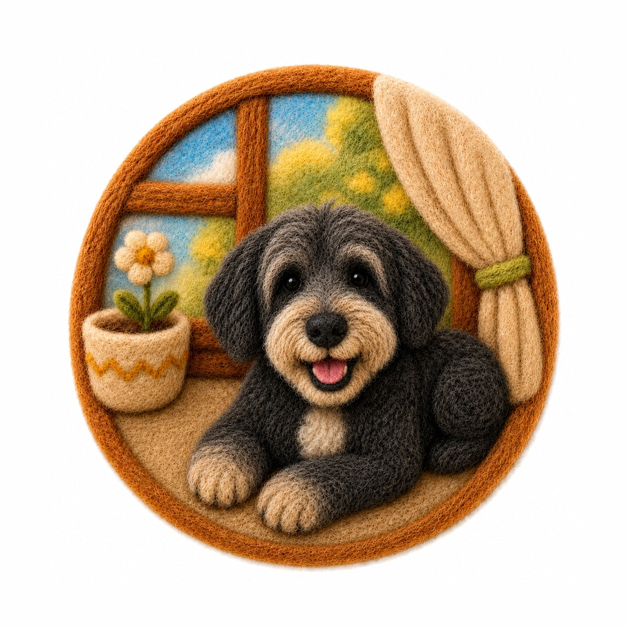 Product image of a wool felt pet portrait magnet made from a dog or cat photo.