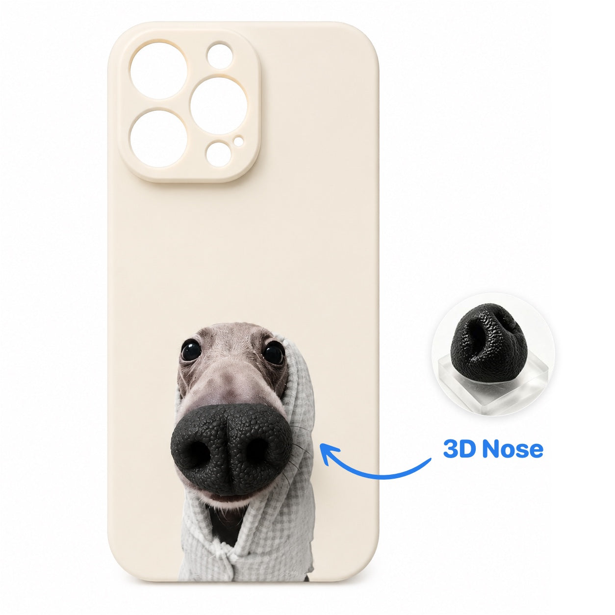 Product image of a custom dog phone case with a 3D silicone nose and pet portrait.