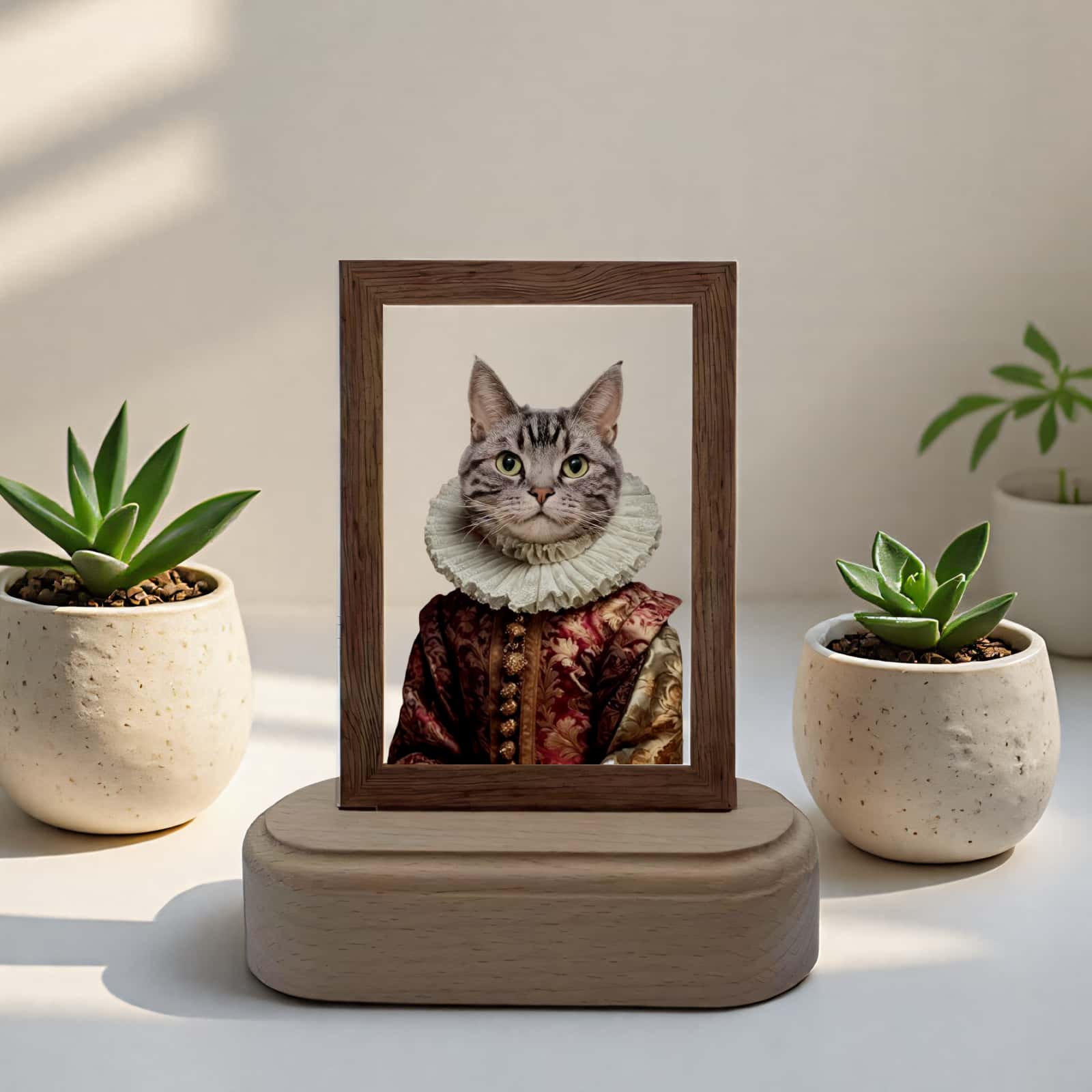 Product image of a personalized pet photo lamp with a custom acrylic LED frame.