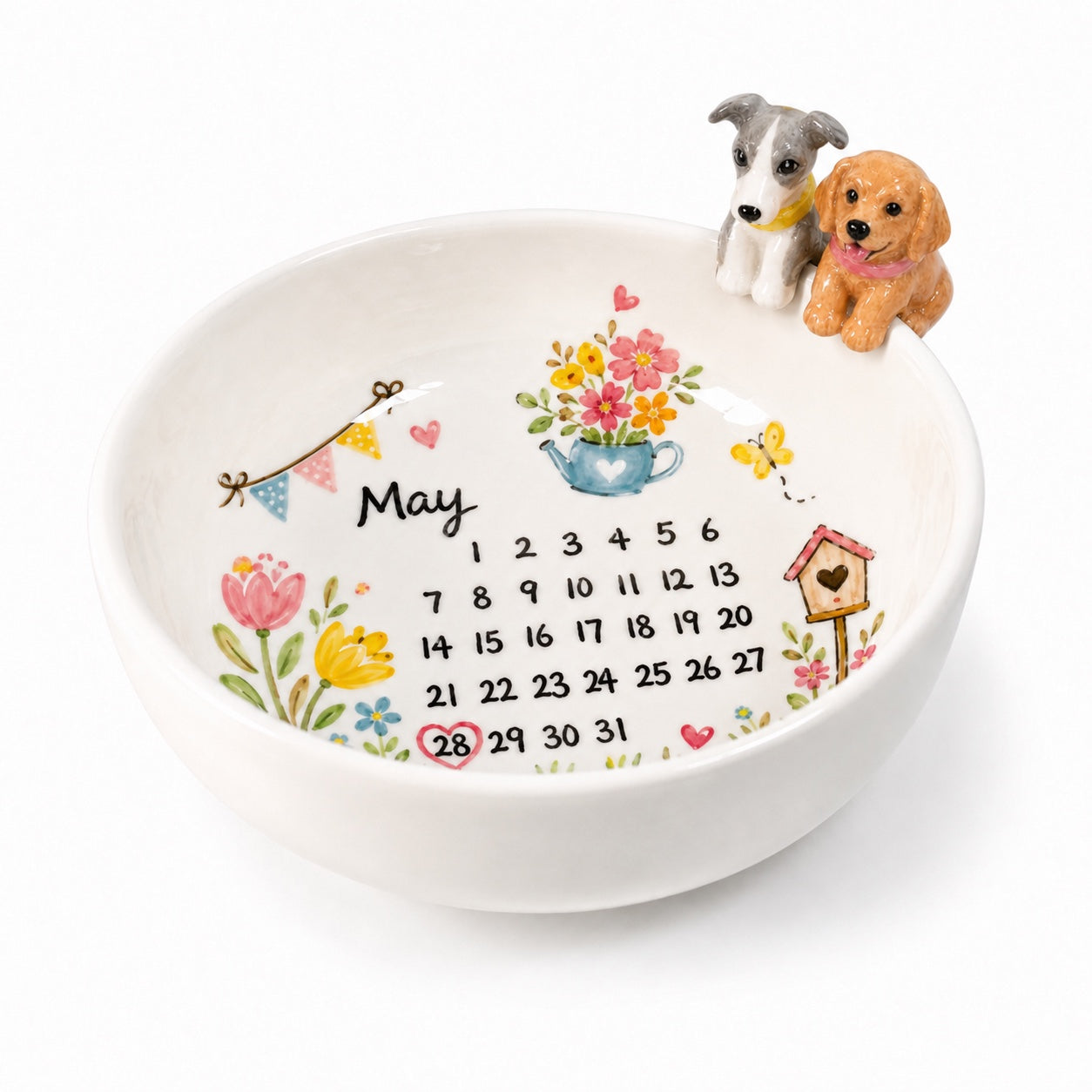 Product image of a personalized pet birthday bowl with a ceramic calendar design and 3D pet figurines.
