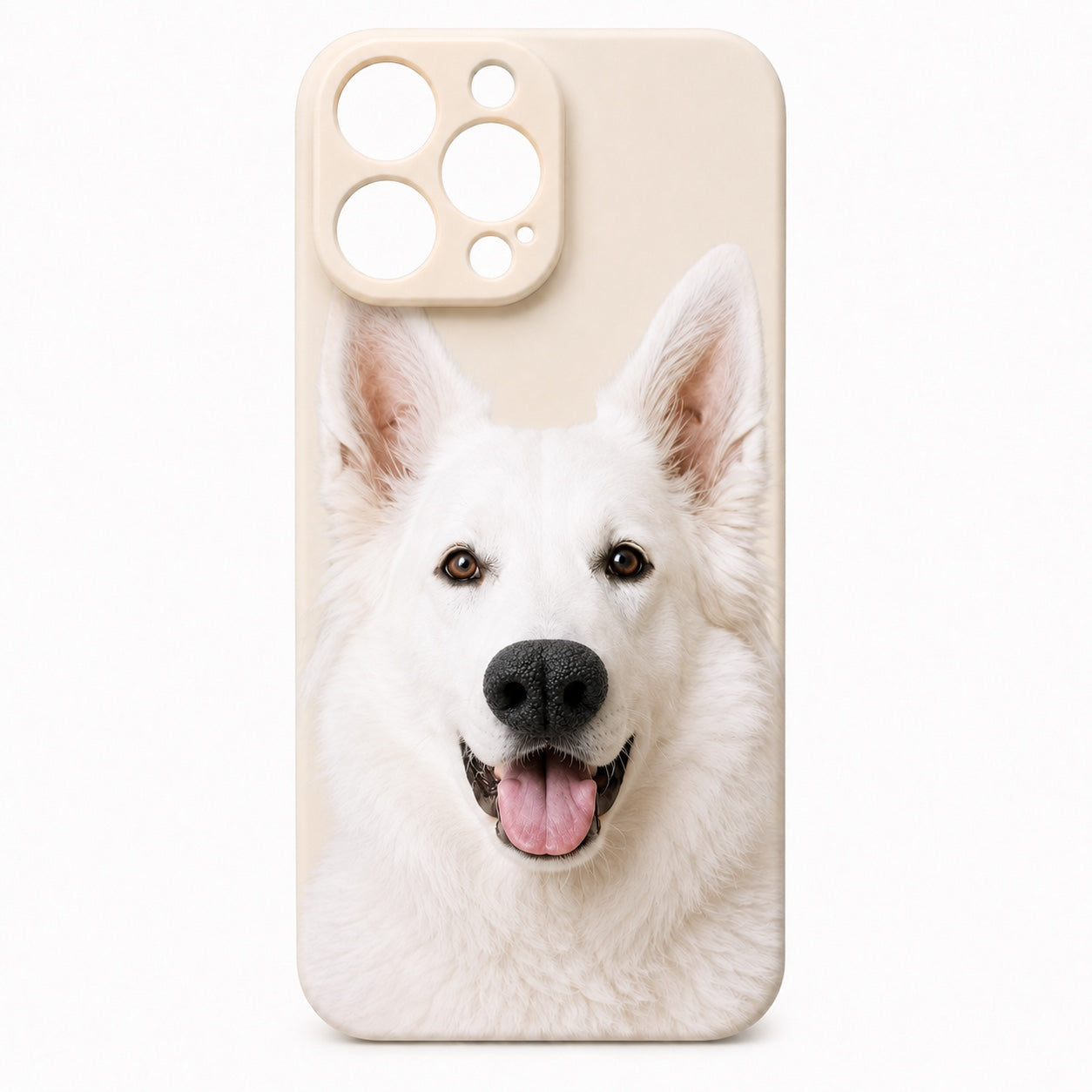 Product image of a custom dog phone case with a 3D silicone nose and pet portrait.