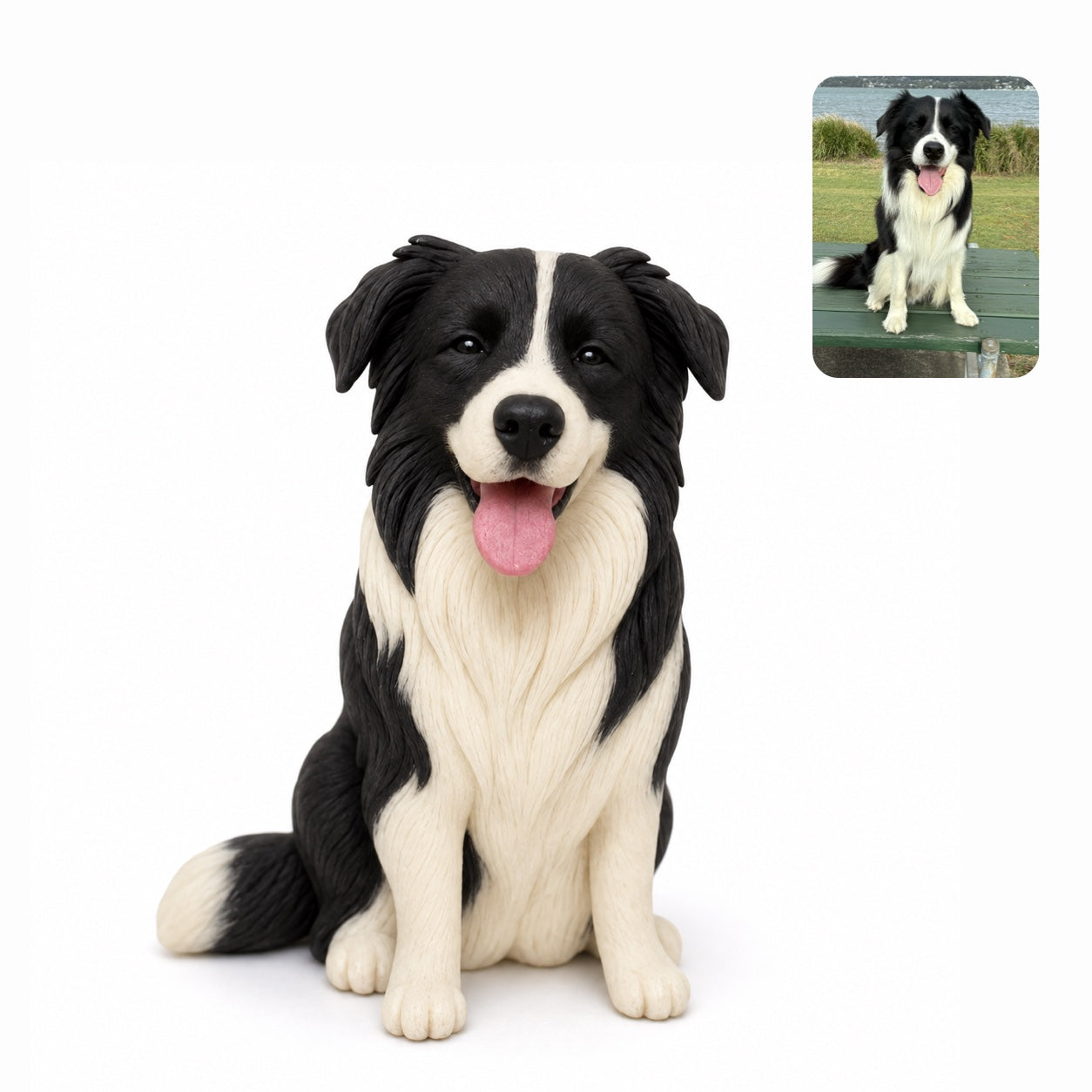 Product image of a handmade polymer clay pet sculpture with a custom 3D dog or cat figurine.