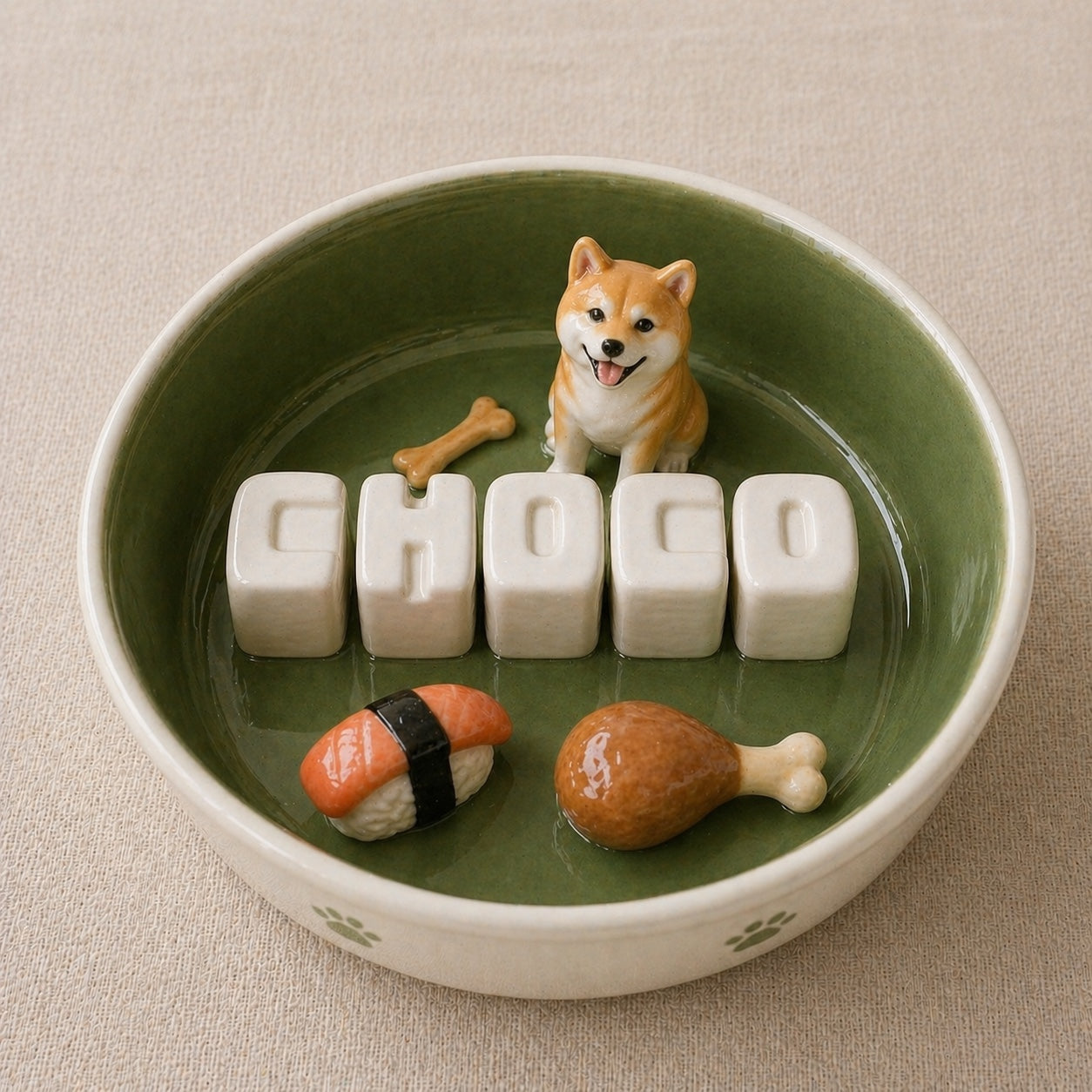 Product image of a custom name dog bowl with a personalized pet photo and ceramic feeding design.