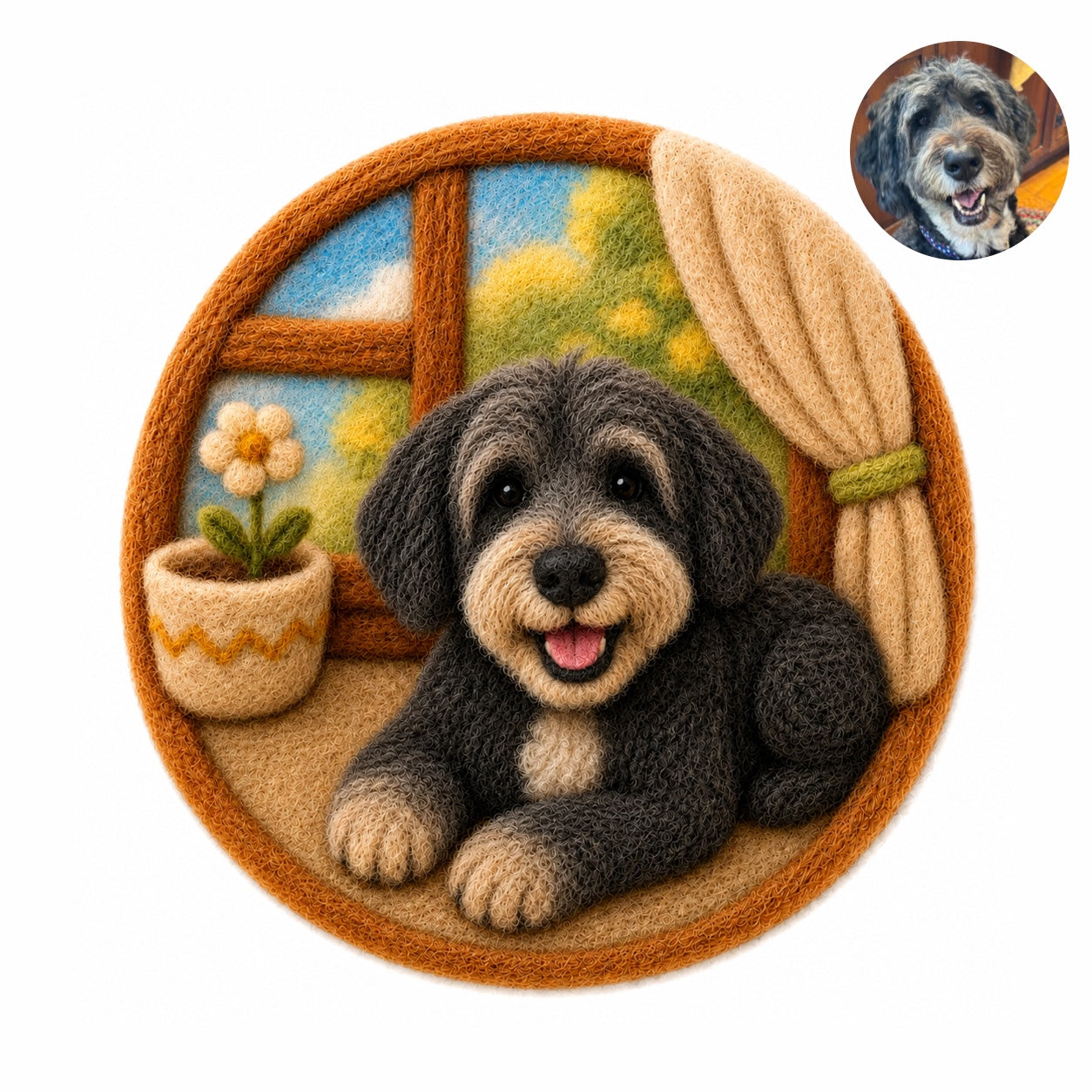 Product image of a wool felt pet portrait magnet made from a dog or cat photo.
