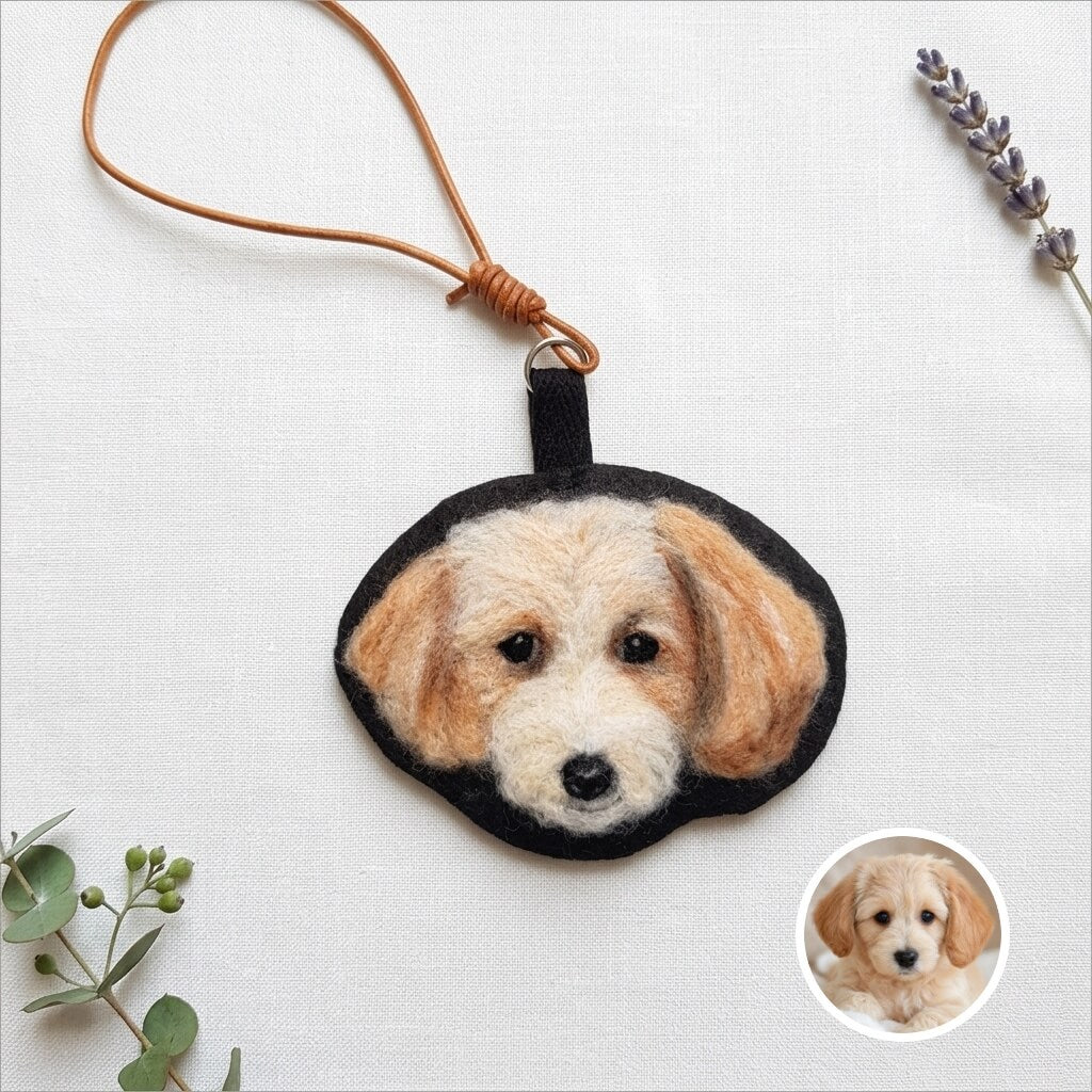 Product image of a needle felted pet keychain with a custom wool dog or cat portrait.