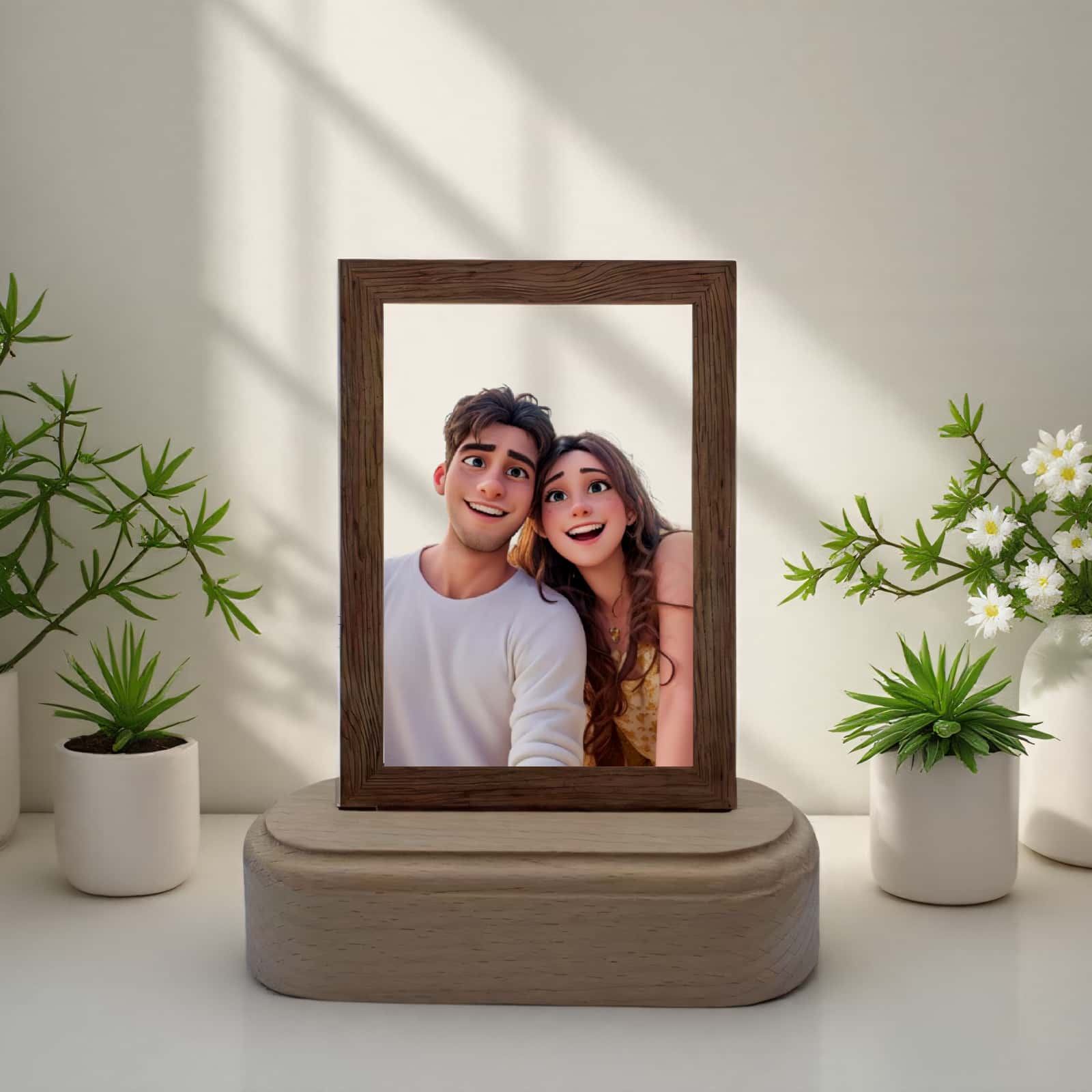 Product image of a personalized pet photo lamp with a custom acrylic LED frame.