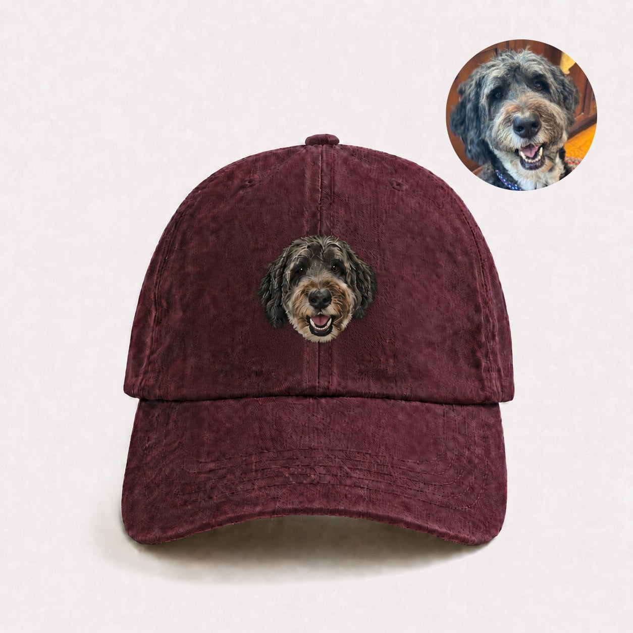 Product image of a custom pet portrait embroidered cap with your dog or cat's face and name.