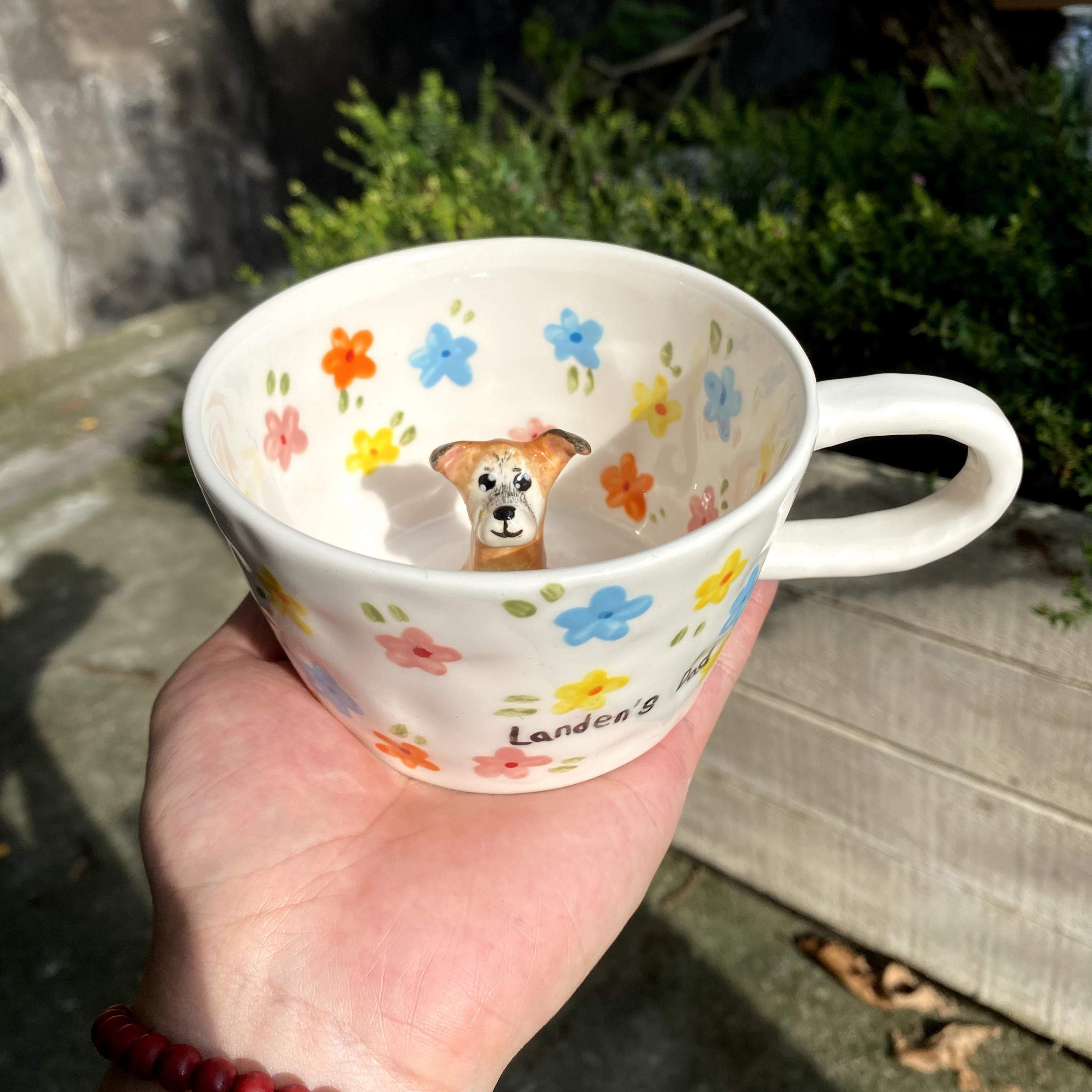 Product image of a 350 ml custom pet climbing mug with a handmade ceramic dog or cat figurine.