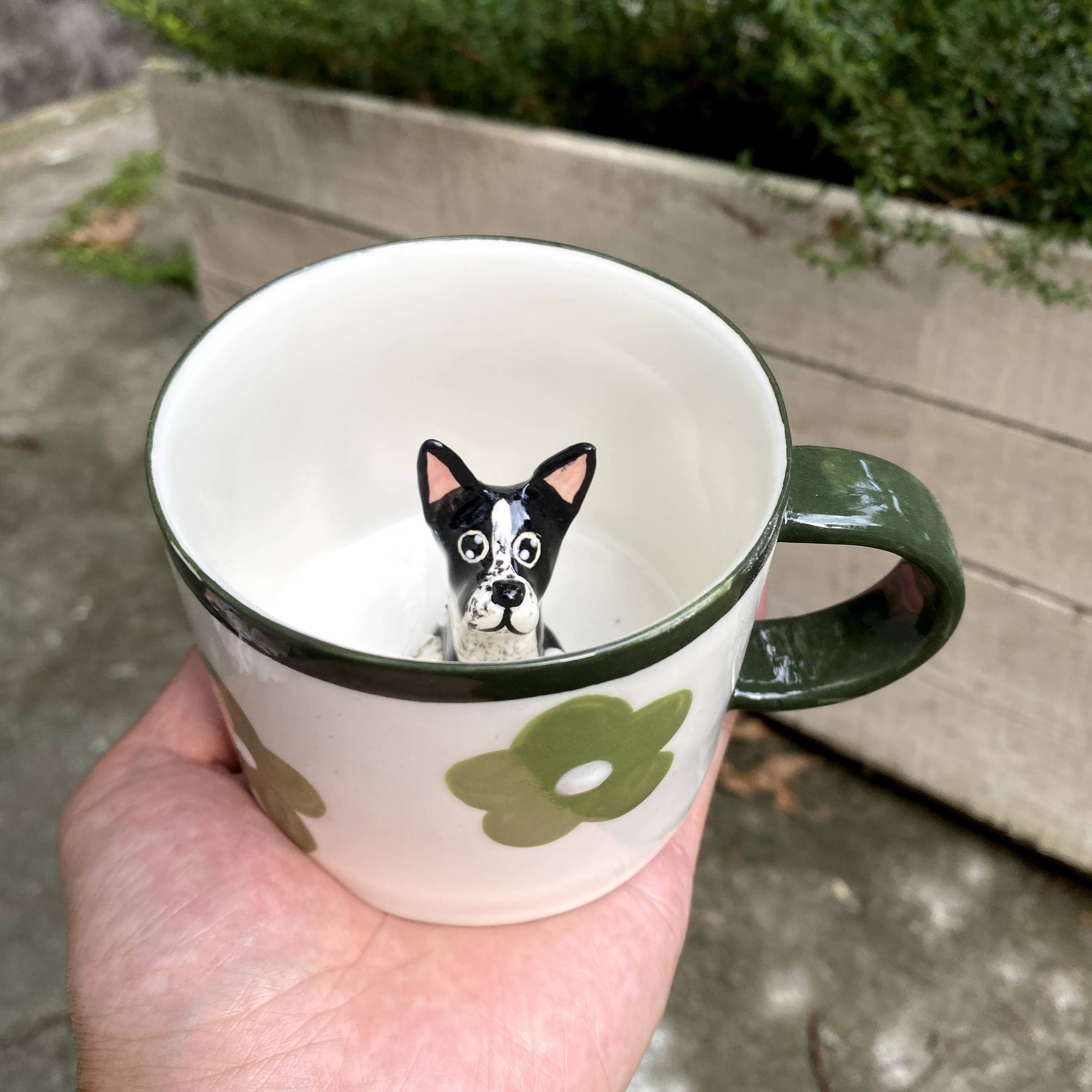 Product image of a 350 ml custom pet climbing mug with a handmade ceramic dog or cat figurine.