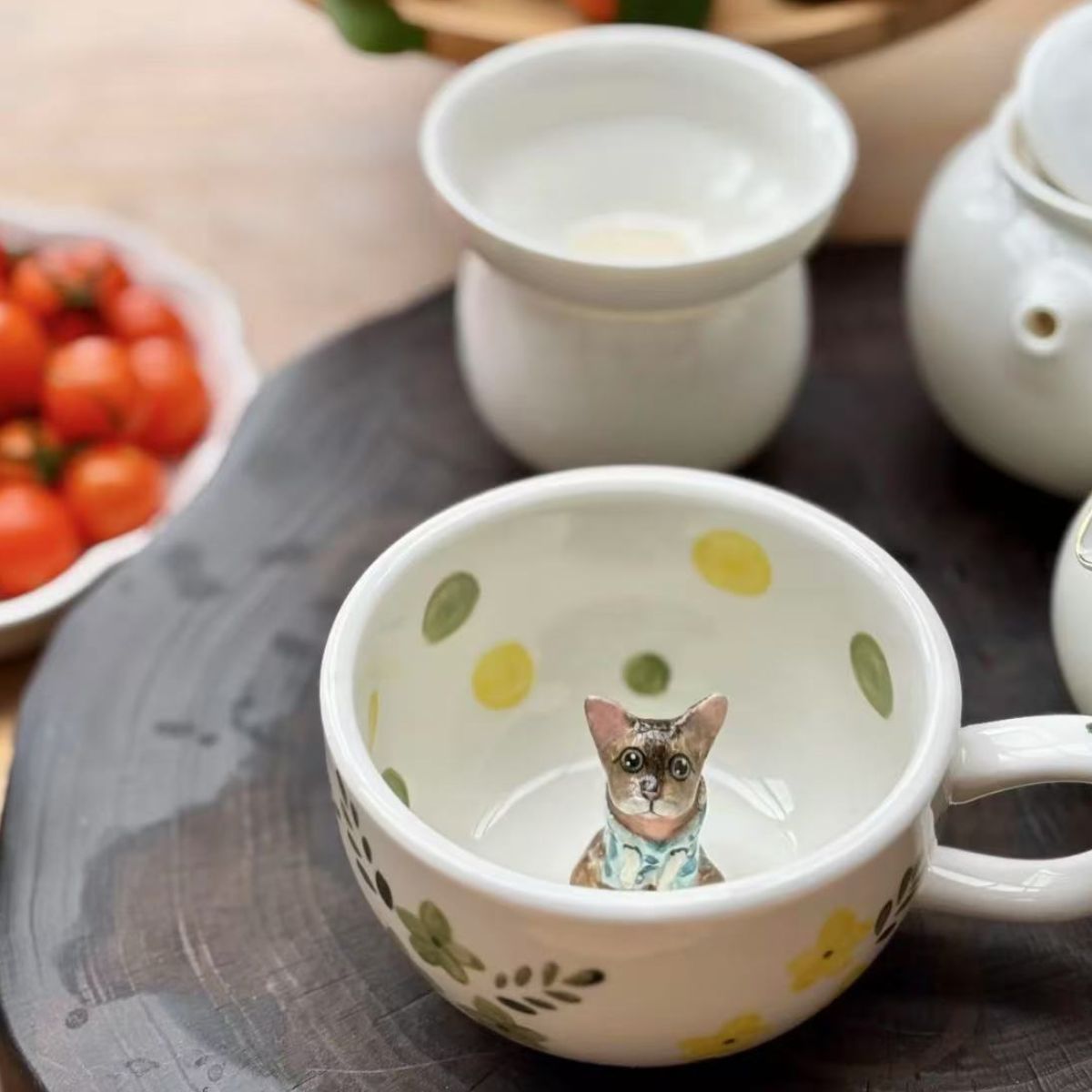 Product image of a 350 ml custom pet climbing mug with a handmade ceramic dog or cat figurine.