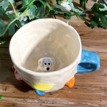 Product image of a 350 ml custom pet climbing mug with a handmade ceramic dog or cat figurine.