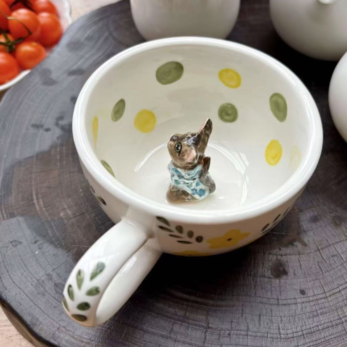 Product image of a 350 ml custom pet climbing mug with a handmade ceramic dog or cat figurine.