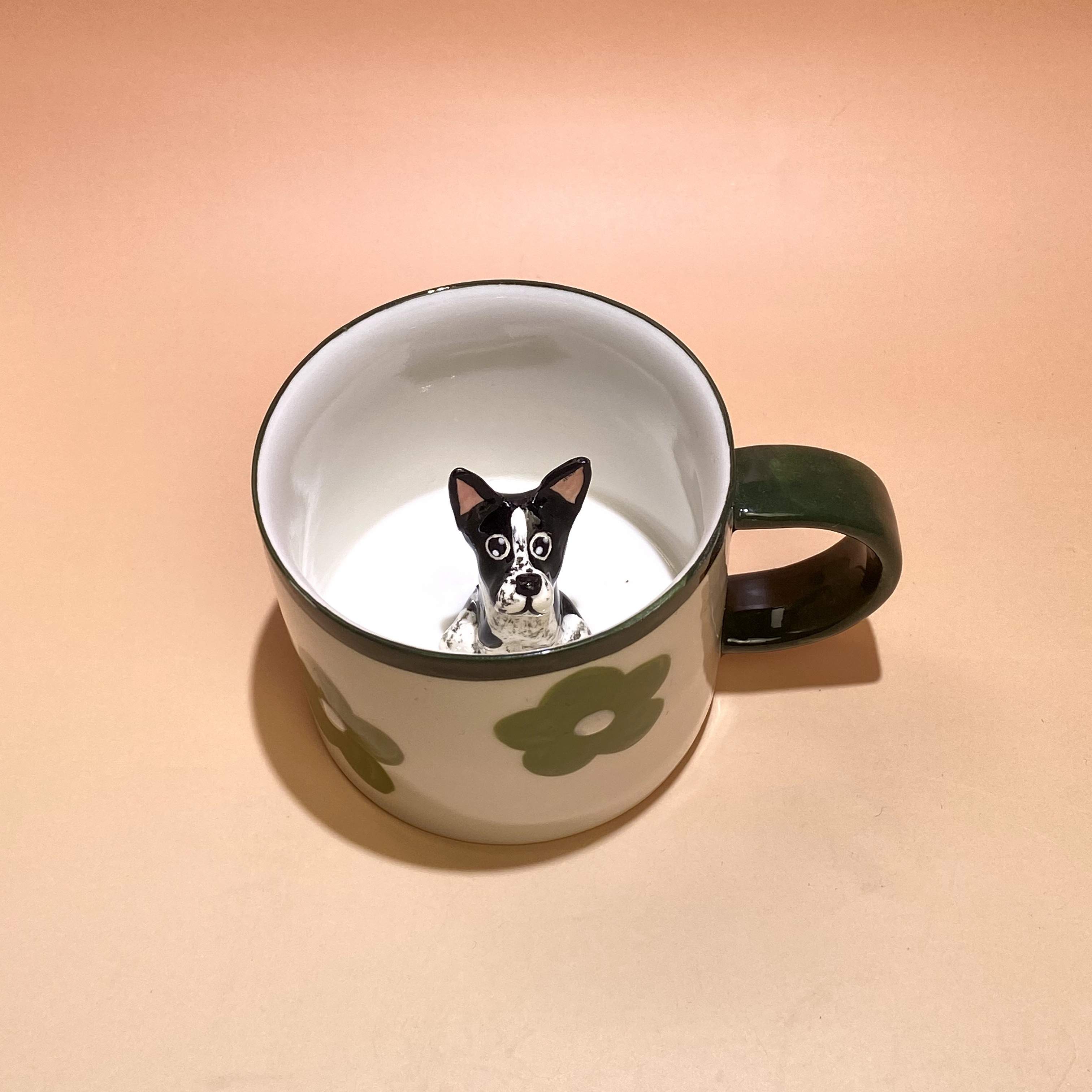 Product image of a 350 ml custom pet climbing mug with a handmade ceramic dog or cat figurine.