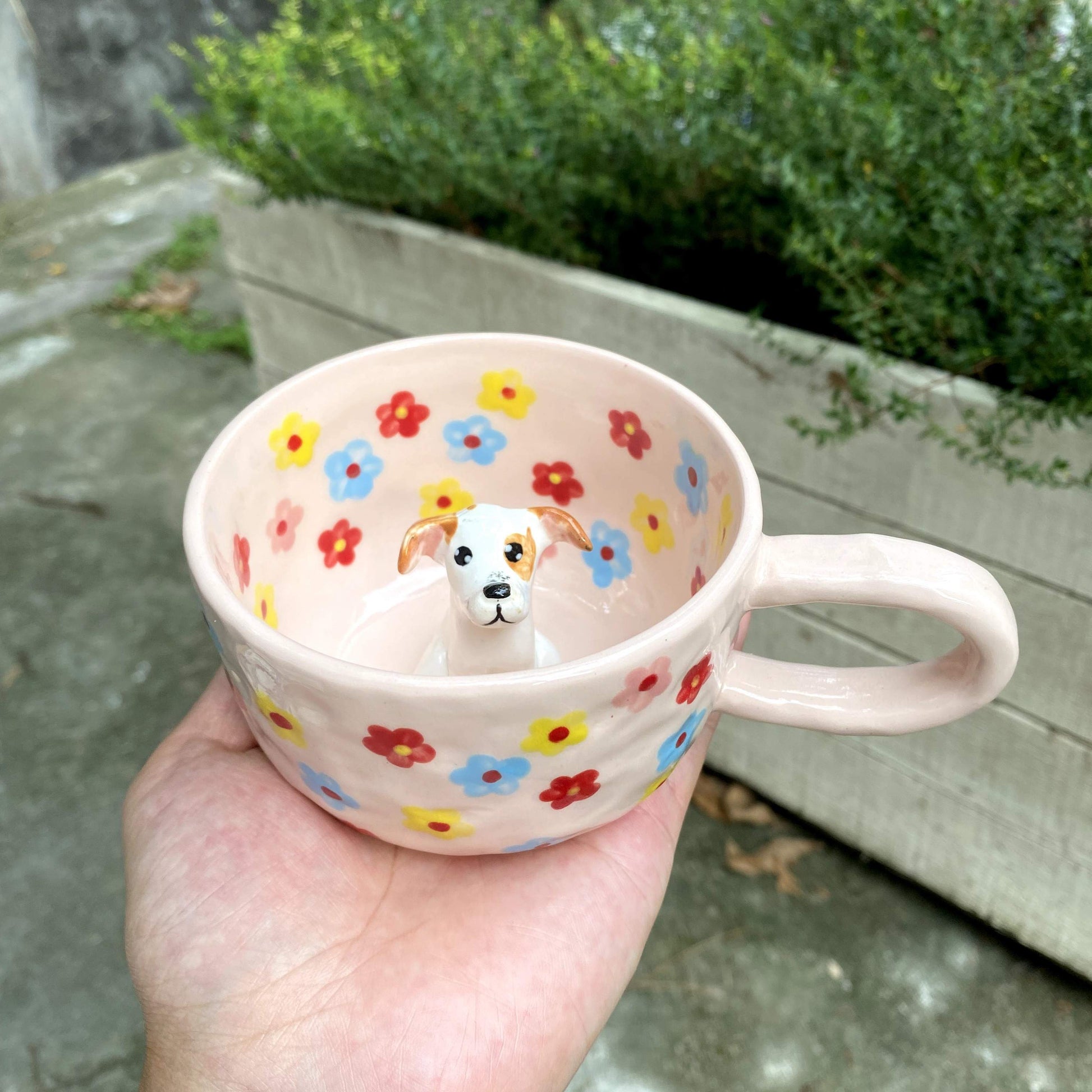 Product image of a 350 ml custom pet climbing mug with a handmade ceramic dog or cat figurine.