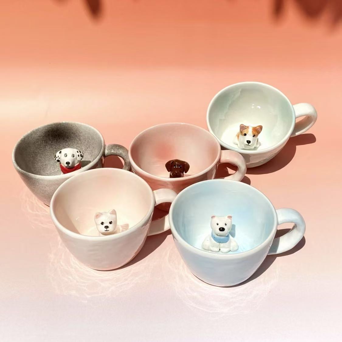 Product image of a 350 ml custom pet climbing mug with a handmade ceramic dog or cat figurine.