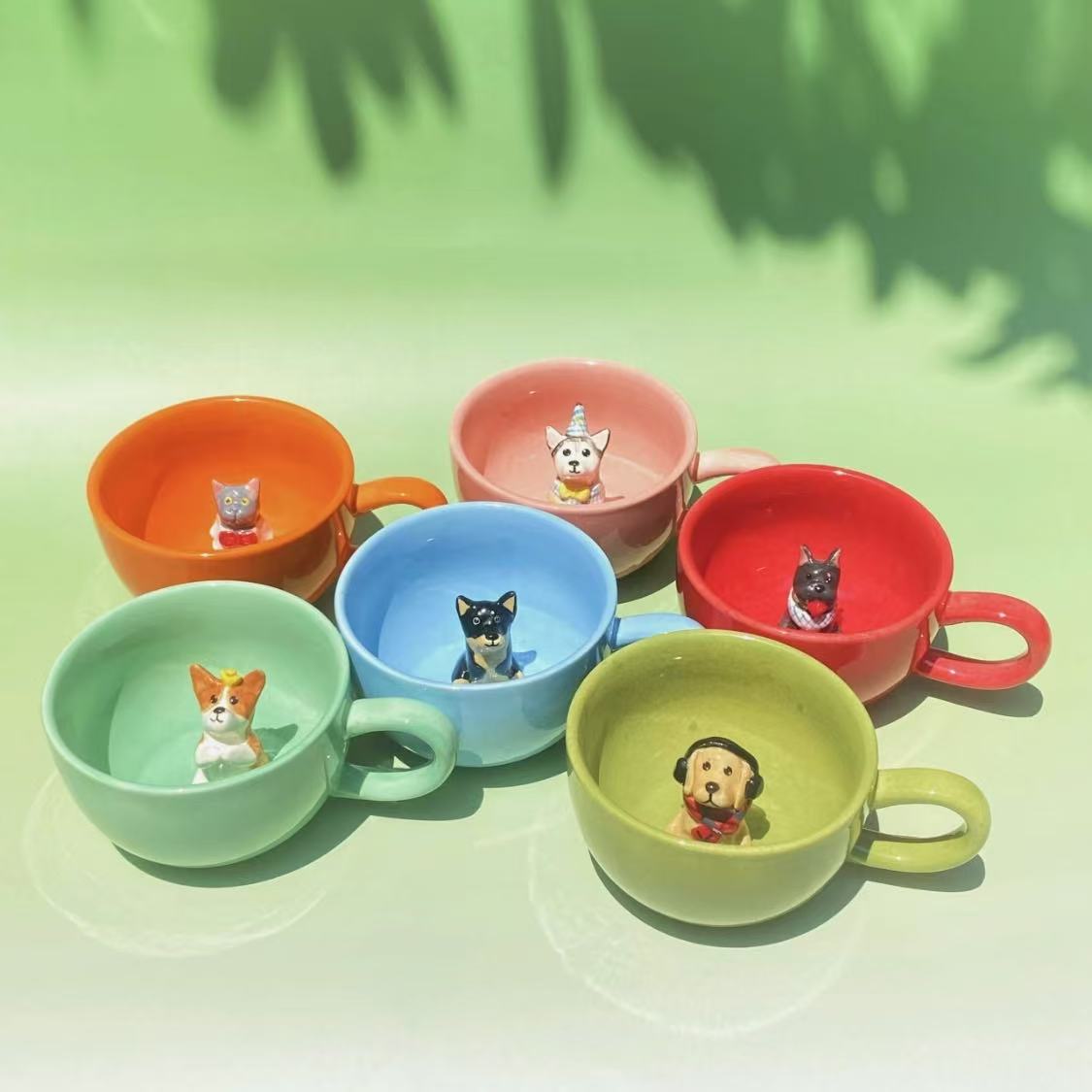 Product image of a 350 ml custom pet climbing mug with a handmade ceramic dog or cat figurine.