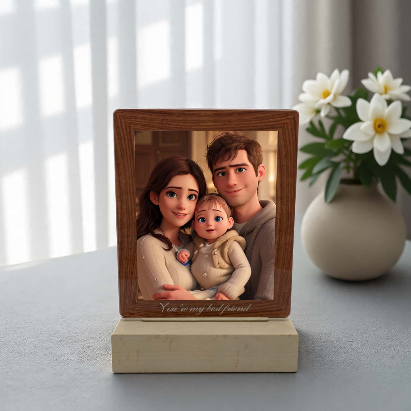 Product image of a personalized pet photo lamp with a custom acrylic LED frame.