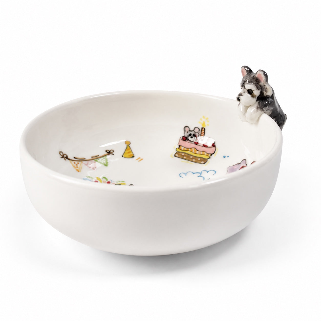 Product image of a personalized pet birthday bowl with a ceramic calendar design and 3D pet figurines.