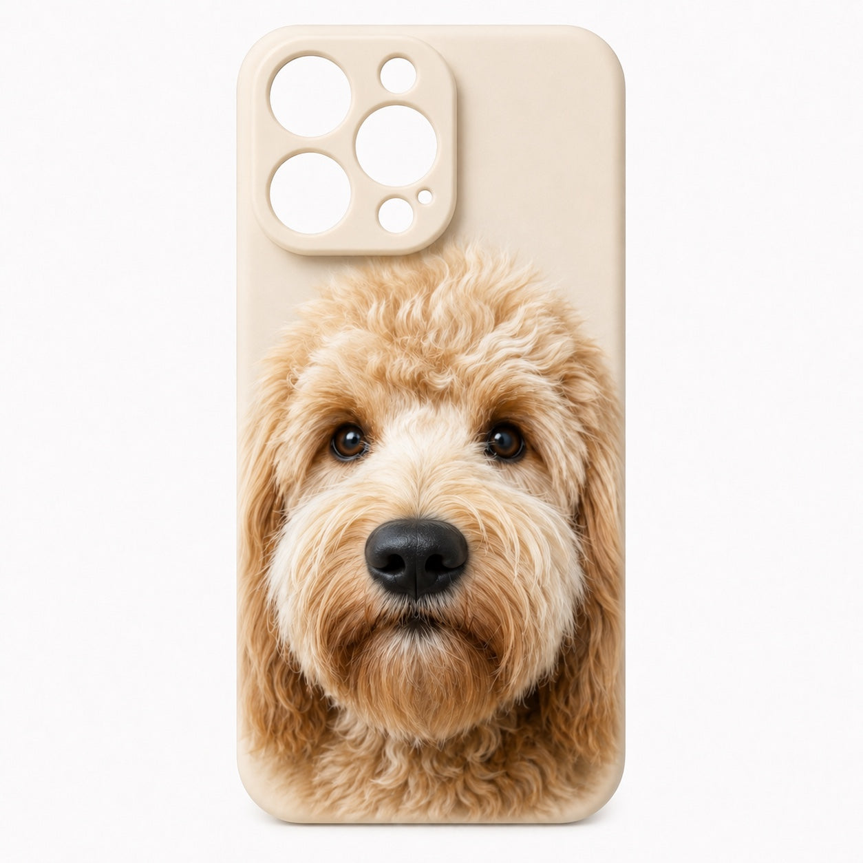 Product image of a custom dog phone case with a 3D silicone nose and pet portrait.