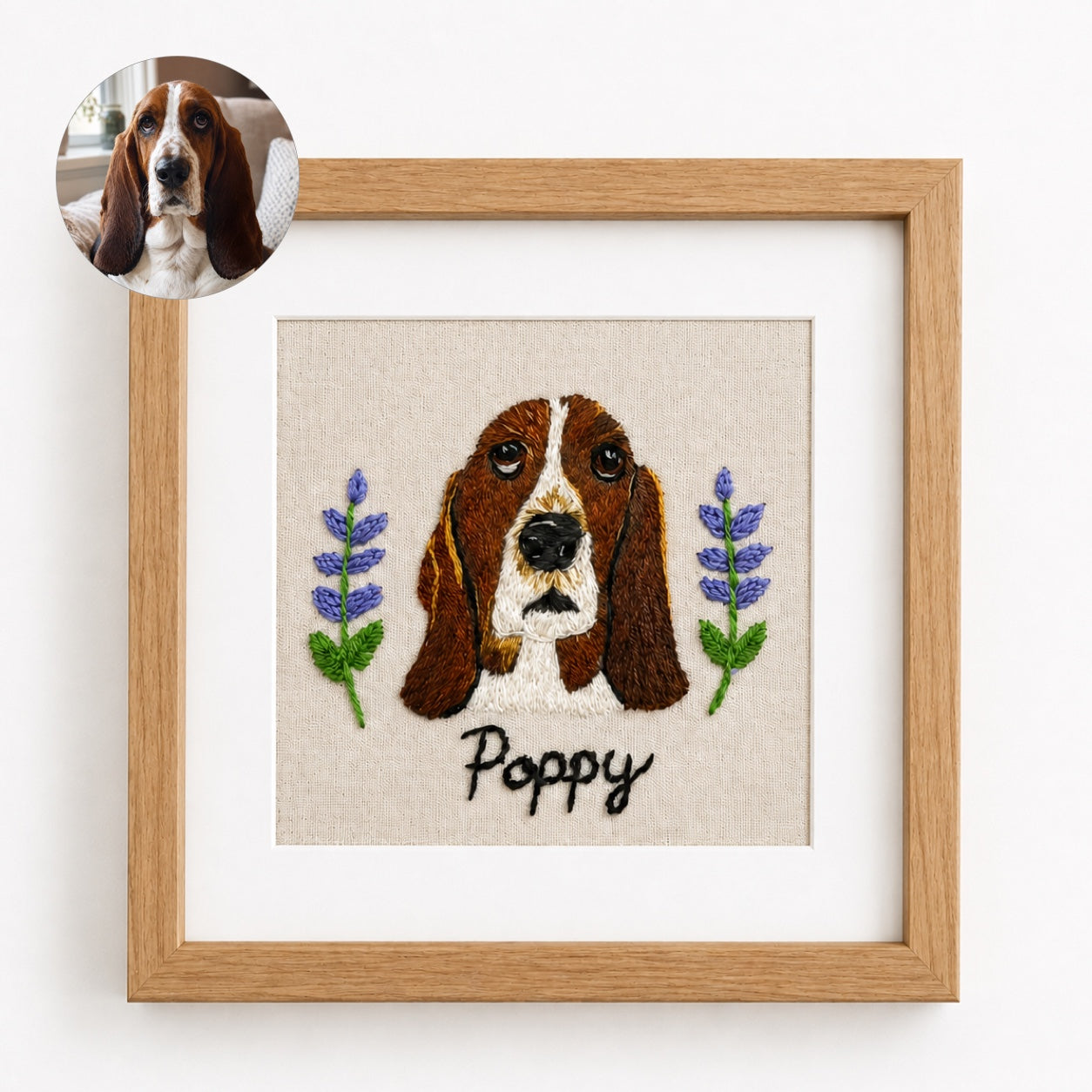 Product image of a square custom pet embroidery frame with a personalized pet portrait and name.
