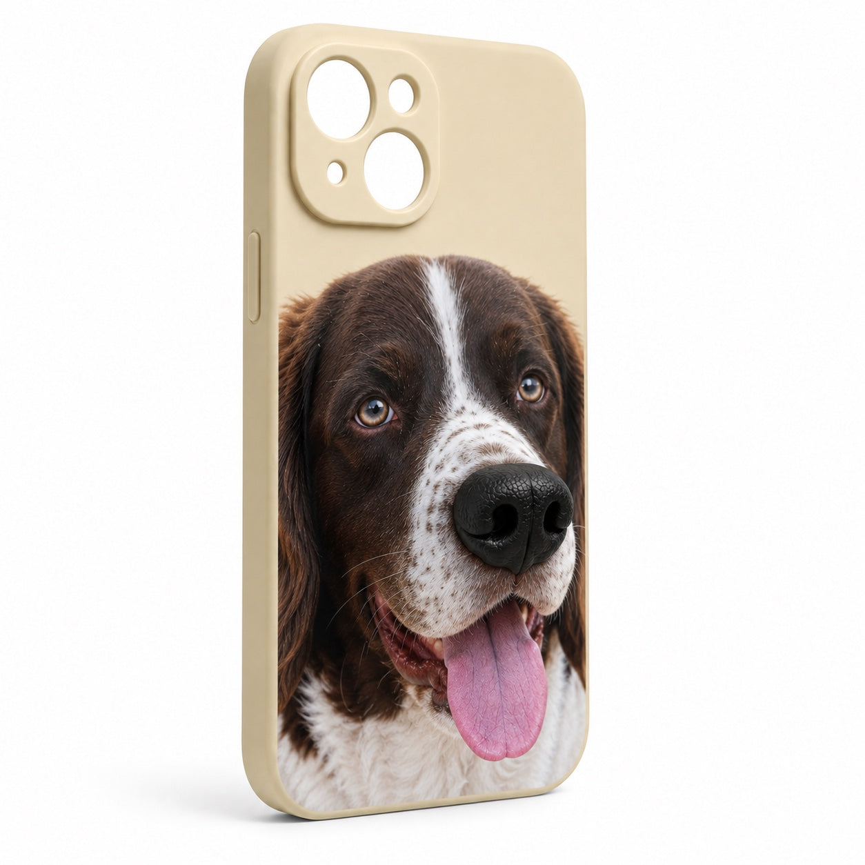 Product image of a custom dog phone case with a 3D silicone nose and pet portrait.